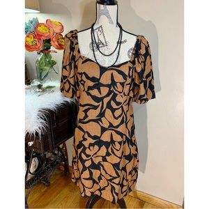 ❤️ A New Day Women's Puff Short Sleeve Dress Black Brown Floral Leaf Medium New